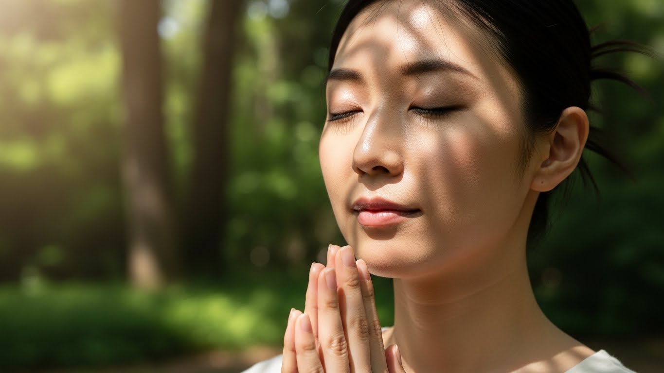 整った心で祈りを捧げる女性の表情