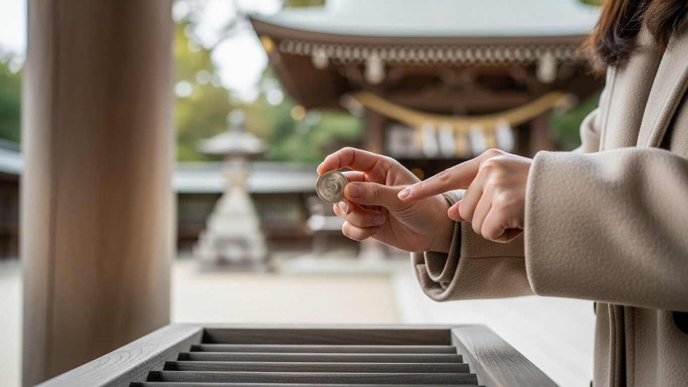 お賽銭箱の前で5円玉を手に取る女性の手元