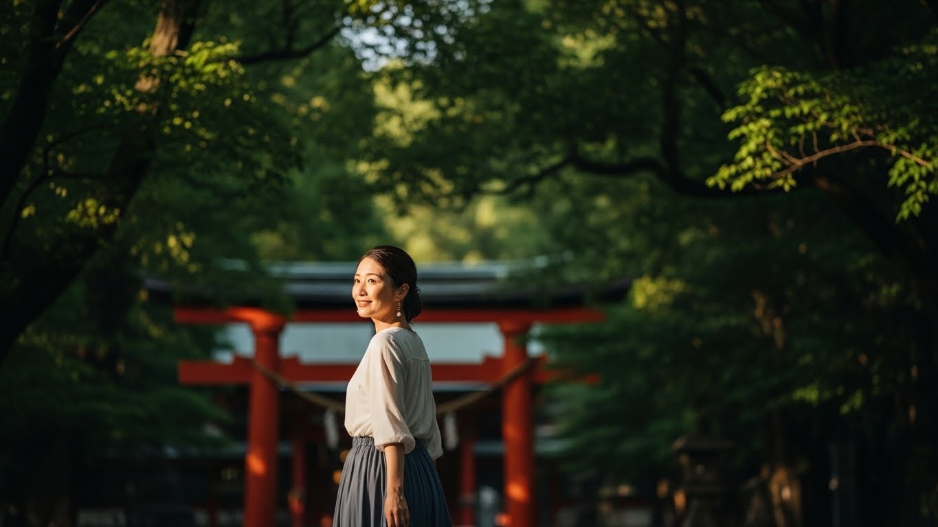 参拝を終えて晴れやかな表情で歩き出す女性