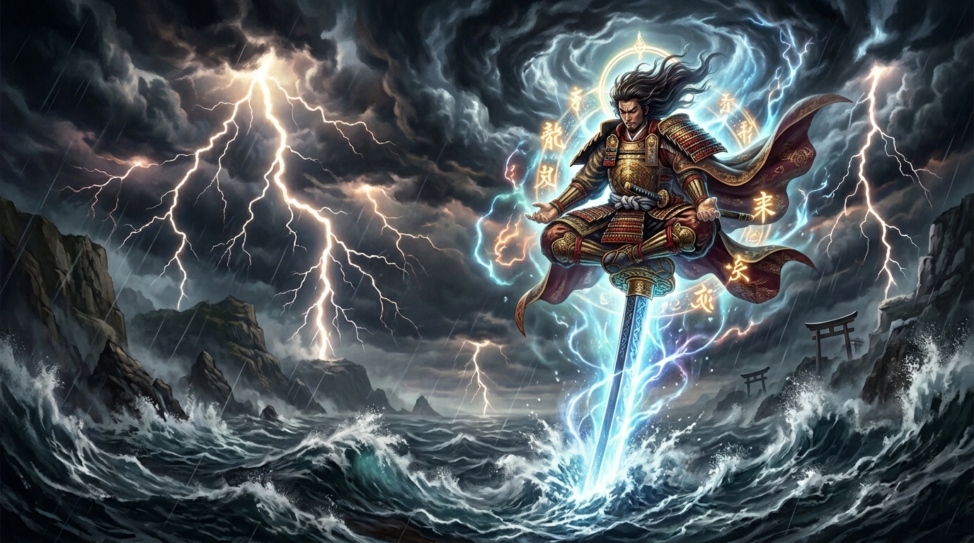 荒波に突き立てた剣の上に座し、雷鳴を背負う威厳に満ちた建御雷神のイメージ