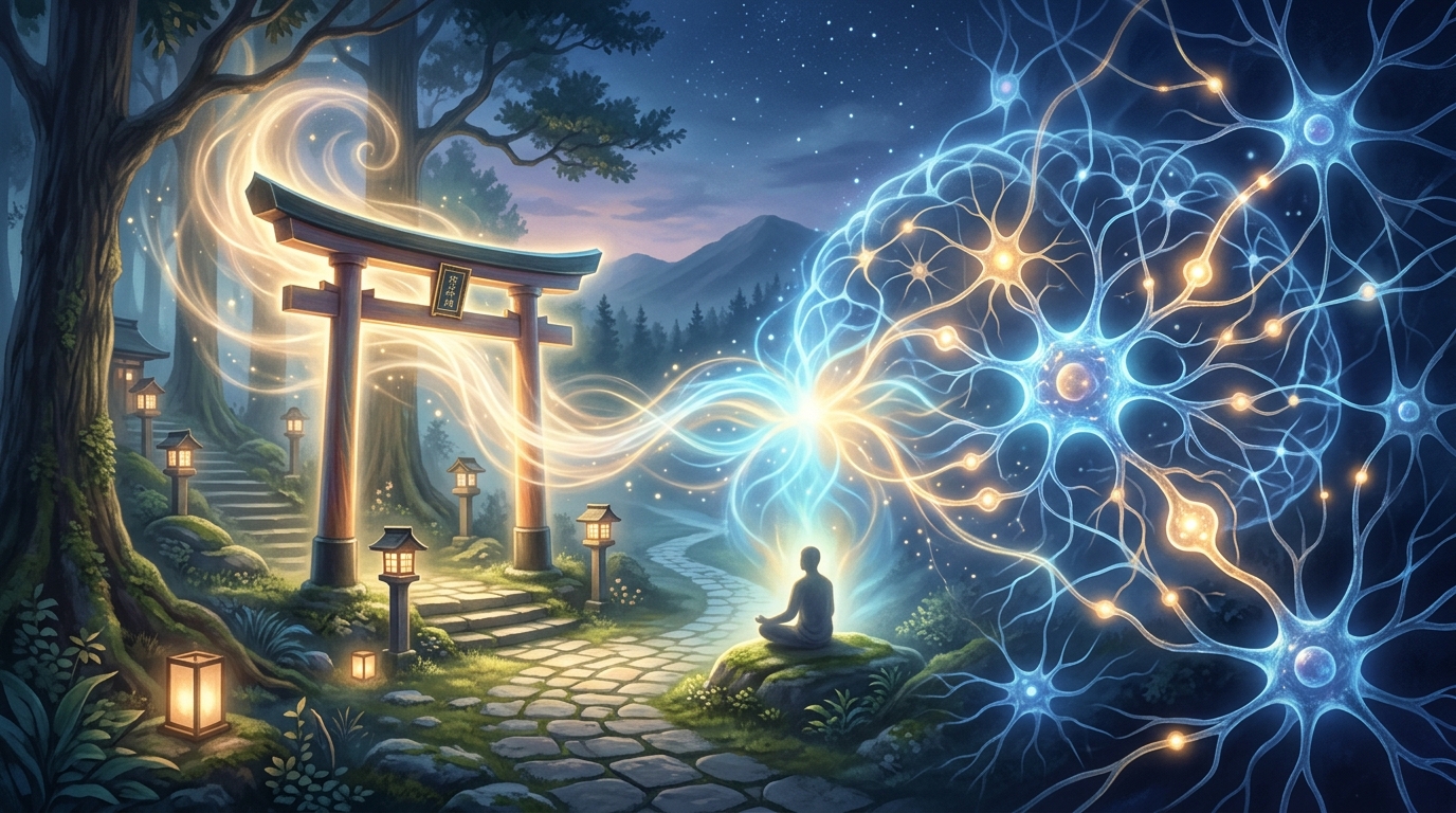 神社の鳥居のシルエットと脳の神経回路が光の中で融合し、精神的な安らぎを表現したイメージ