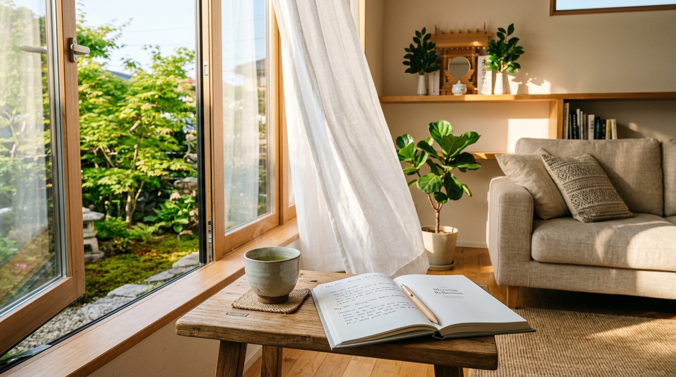 朝の光が差し込む部屋で、お茶とノートが置かれた心穏やかな浄化の時間を表すイメージ