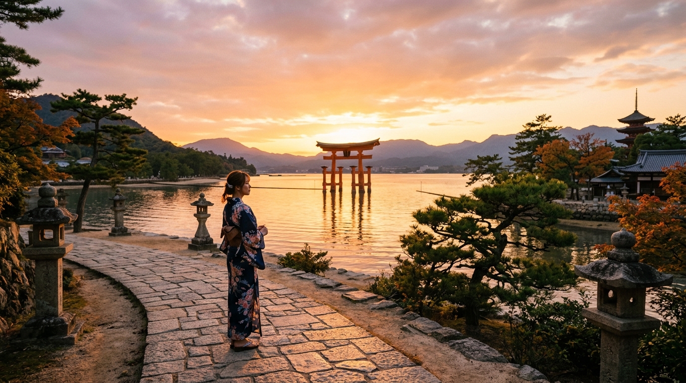 夕暮れの美しい光の中、神社の鳥居へ続く道を歩み、心の平穏を取り戻した姿を象徴するイメージ