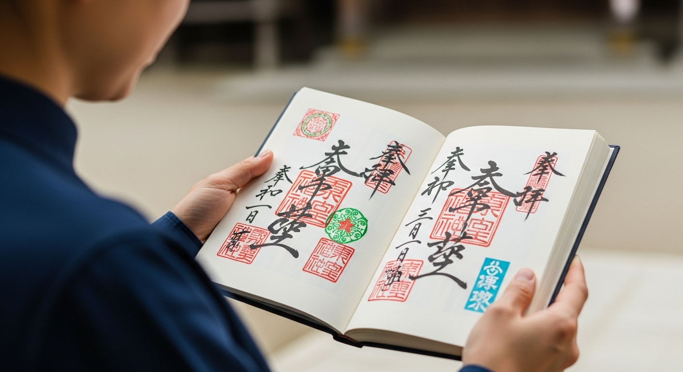 新しい御朱印帳の1ページ目を開き、空けるかどうか考えている手元の様子