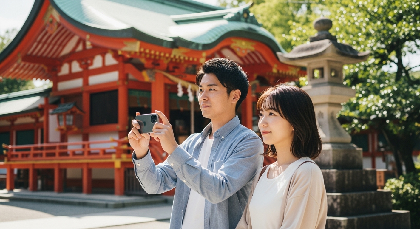 神社の境内でスマートフォンを手に持ち、撮影しても良いか周囲を確認している若い男女