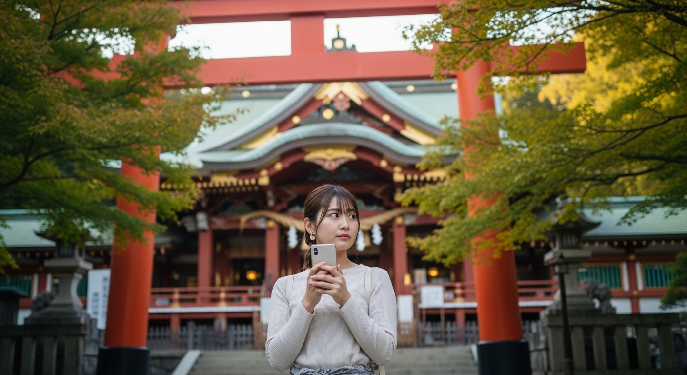 神社の境内でスマートフォンを手に持ち、撮影しても良いか周囲を確認している若い女性
