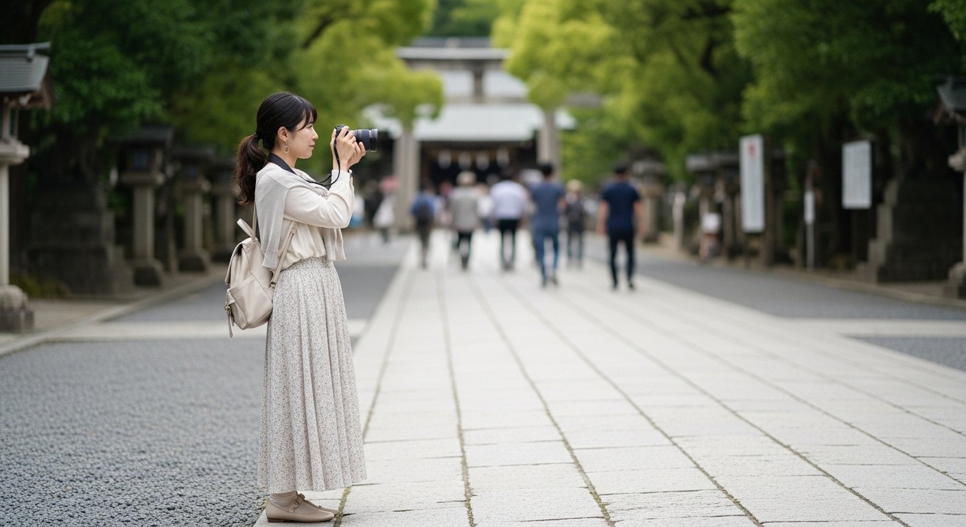 参道の端に寄り、他の参拝者の邪魔にならないように神社の風景を撮影する様子