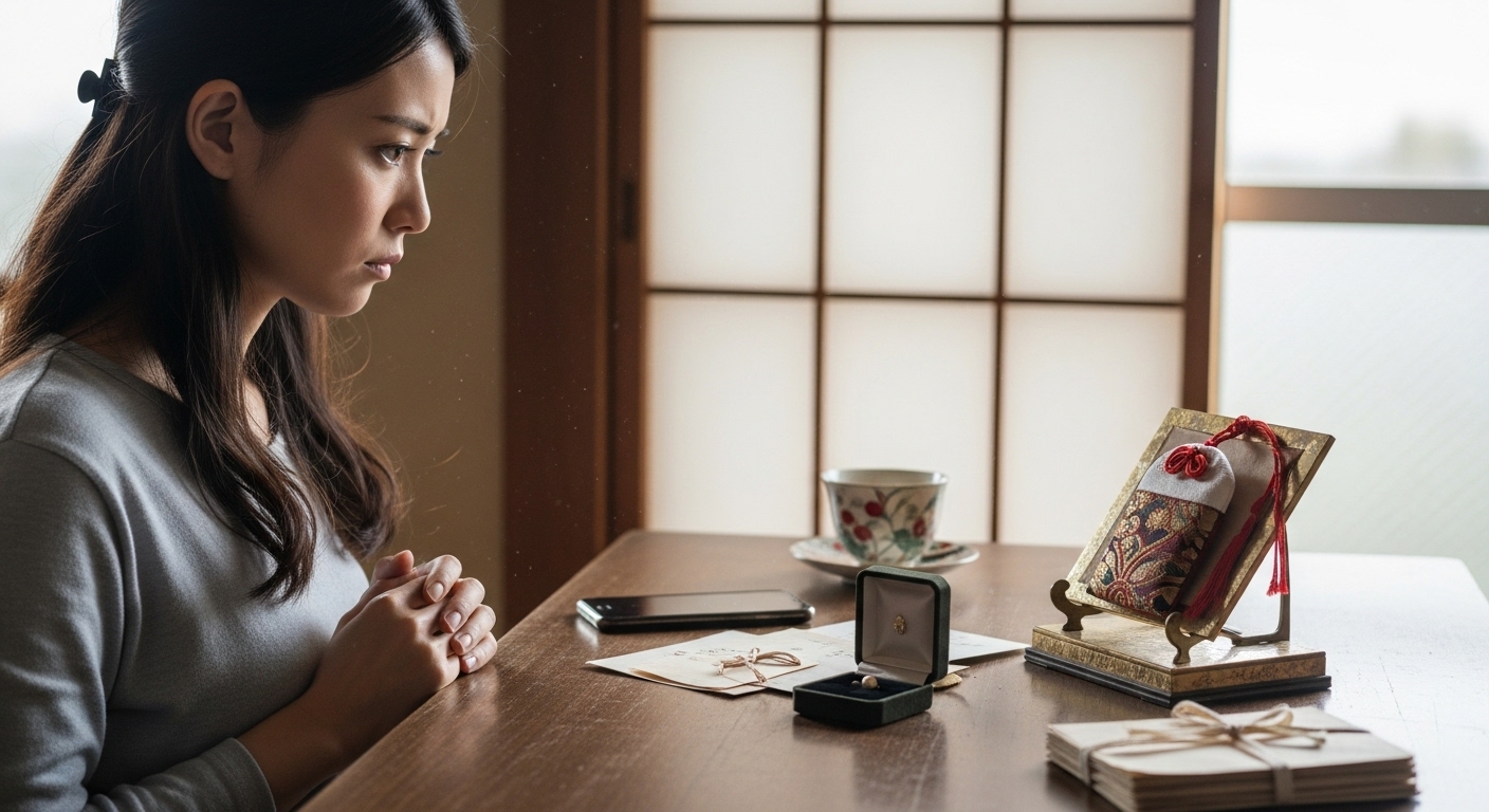 机の上に置かれた古いお守りを前に、どう処分すべきか考えている様子の日本人女性