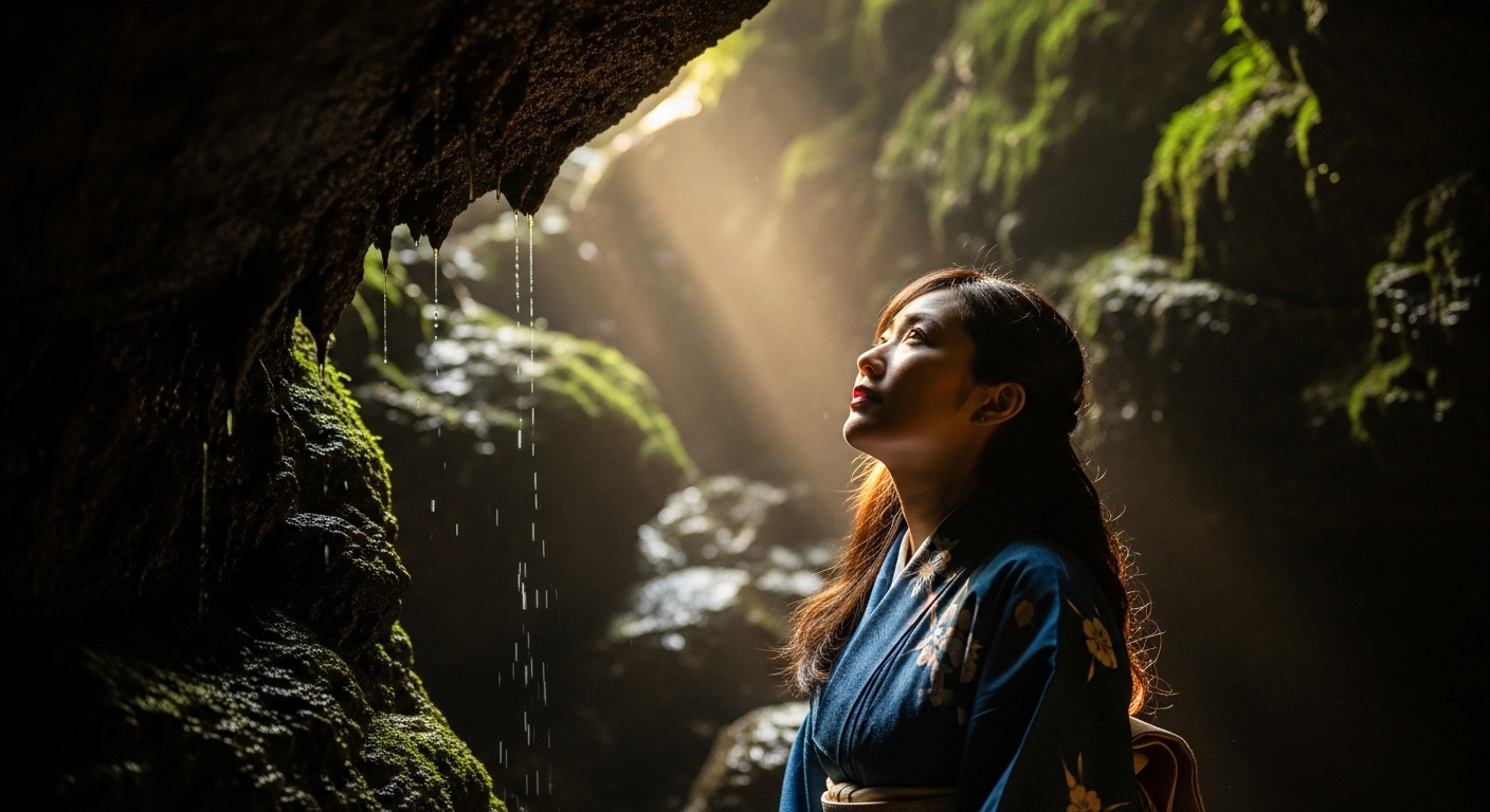 暗い洞窟から光を見る日本人のイメージ