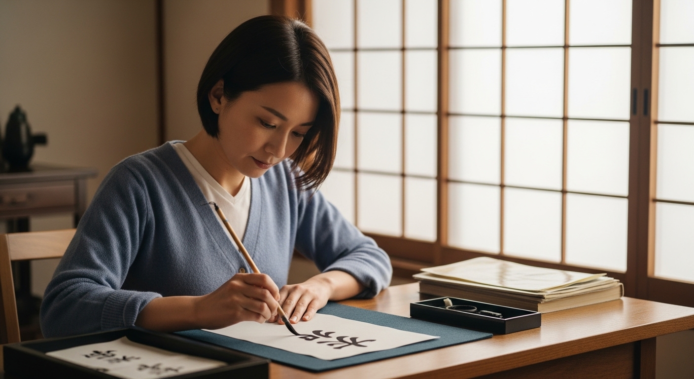 和紙に筆で文字を書く日本人の手元