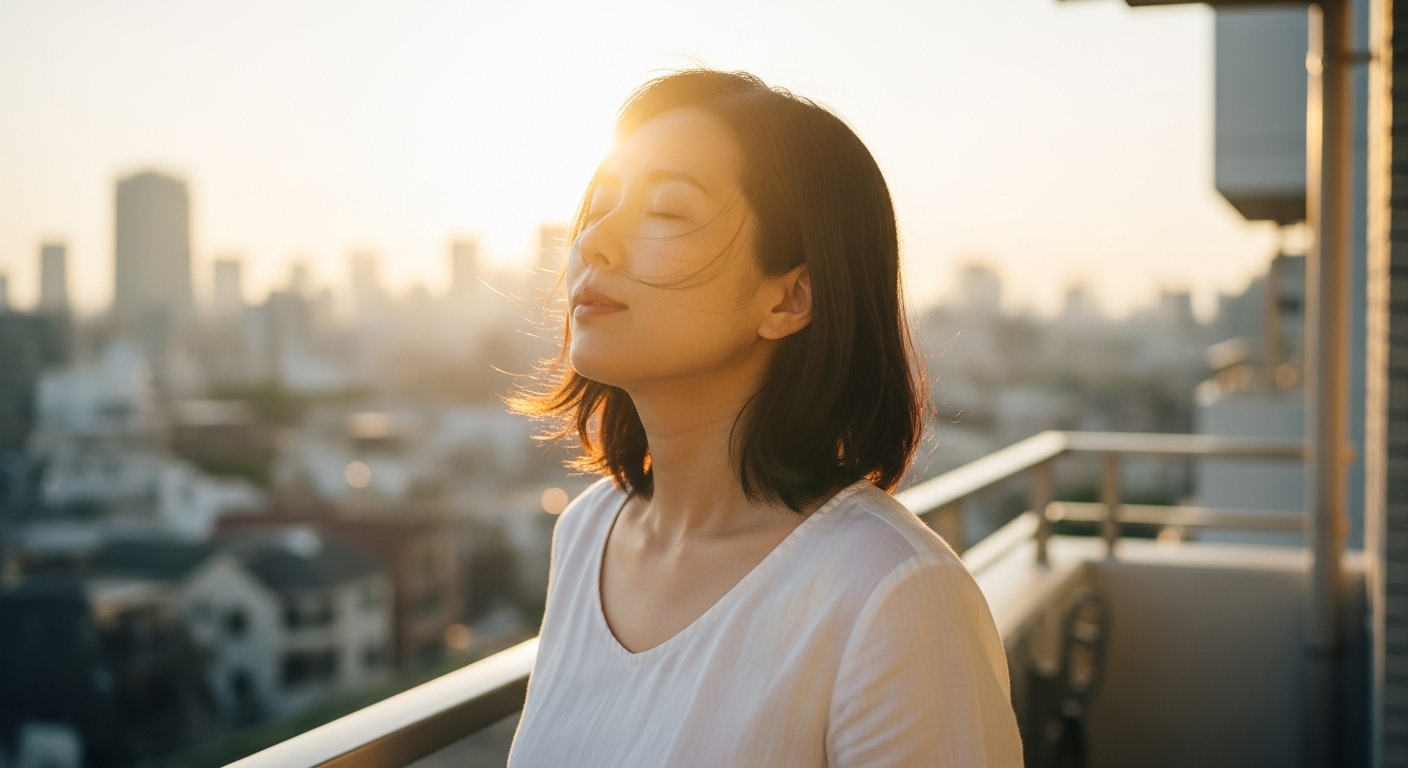 朝の光の中で深呼吸をする日本人のイメージ