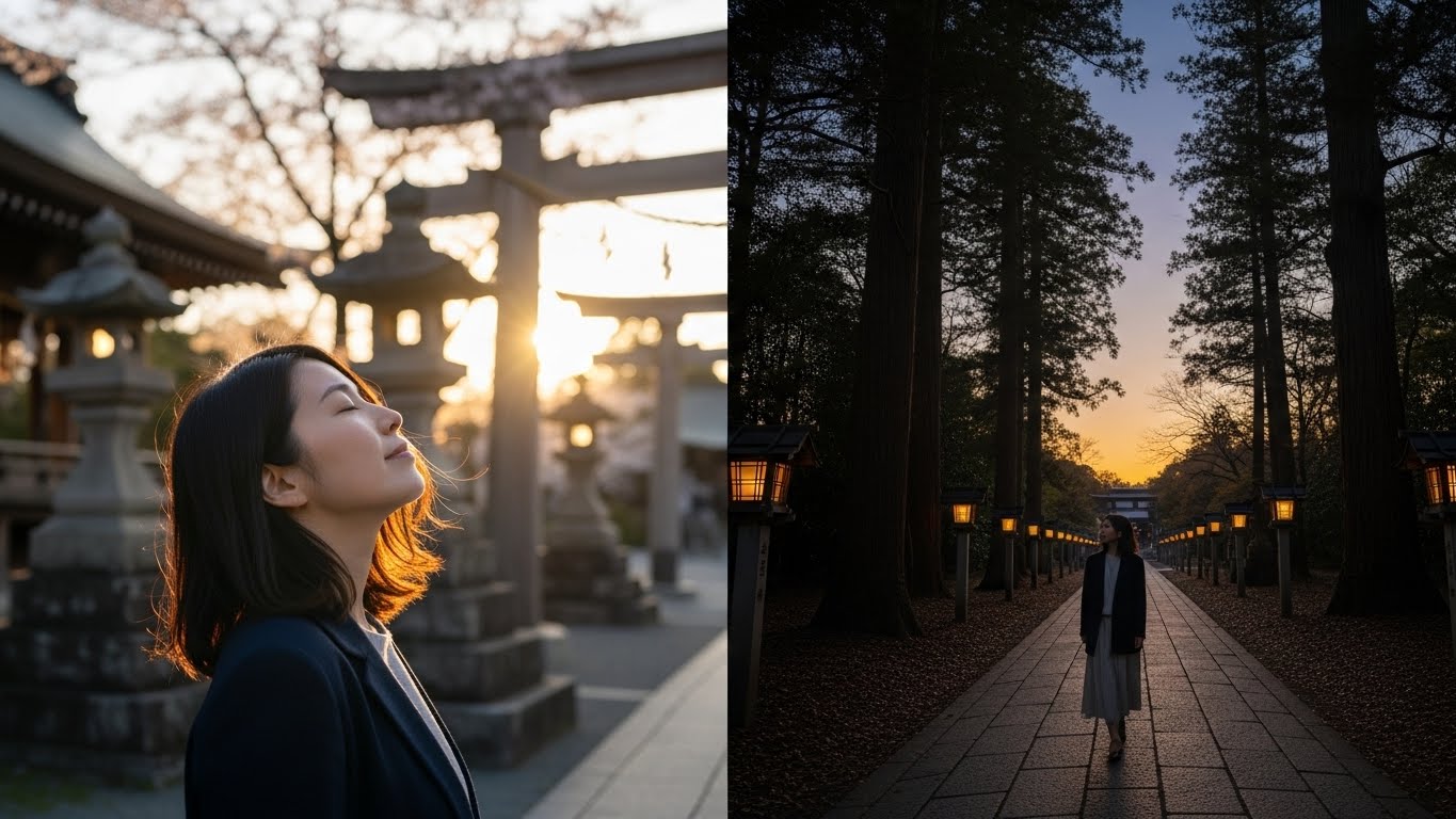 朝と夕方の神社参拝のイメージ