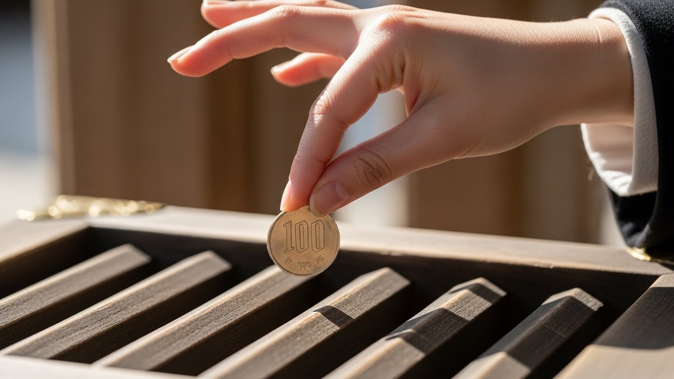 神社の木製の賽銭箱の上で100円玉を持っている日本人女性の手のアップ。コインと手に焦点。自然光、静謐な雰囲気、リアルなスタイル