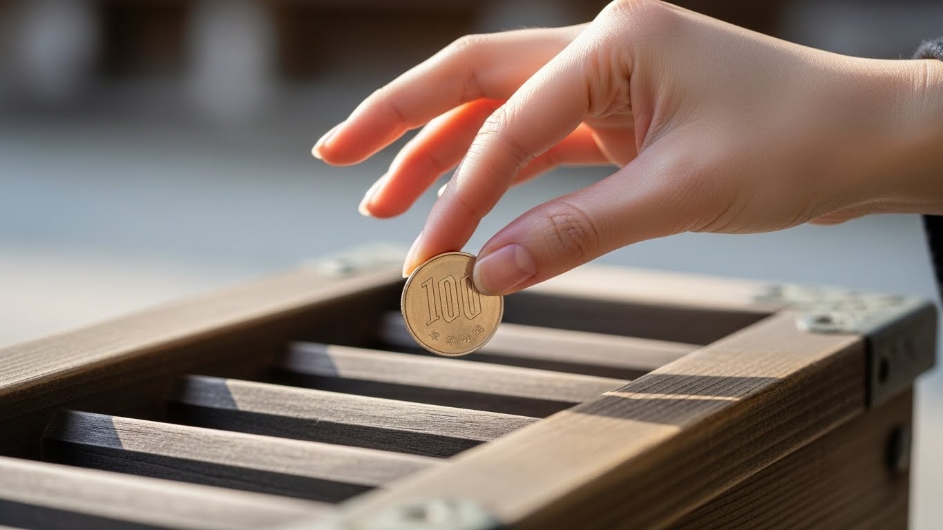 お賽銭箱に100円を入れる手元