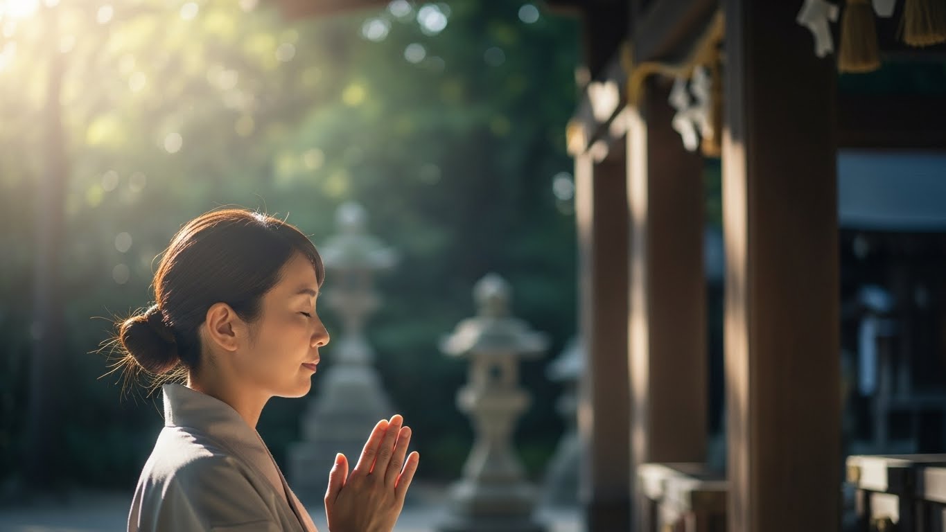 目を閉じて神社で祈る30代日本人女性の横顔。必死ではなく、穏やかで決意に満ちた表情。柔らかな日差しが平和なオーラを作り出している。