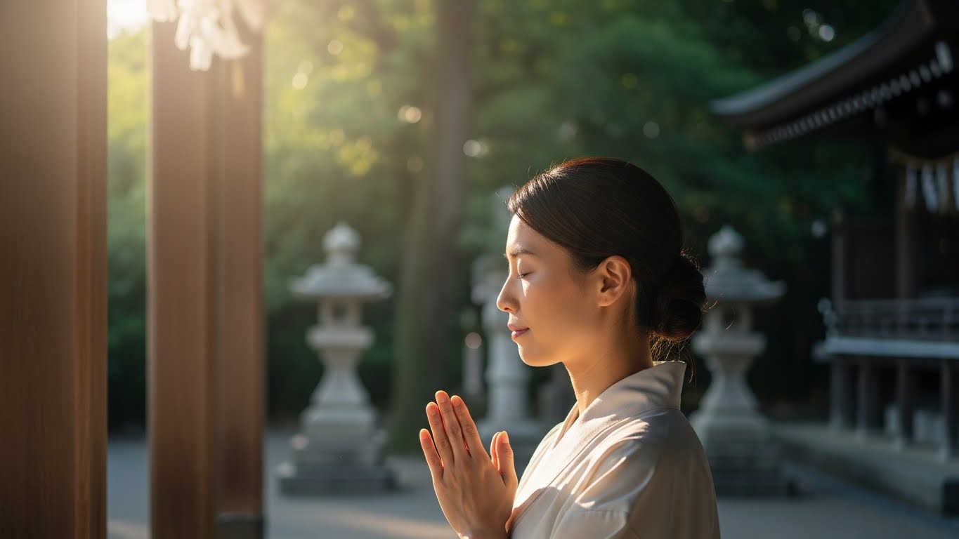 神社で決意を込めて祈る女性