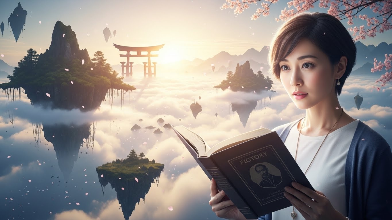 古代日本の歴史とファンタジーが融合した神秘的な風景。雲海に浮かぶ島々と、うっすらと見える鳥居のシルエット。手前には、好奇心に満ちた表情で歴史書を読んでいる現代の日本人女性。柔らかく、幽玄な照明