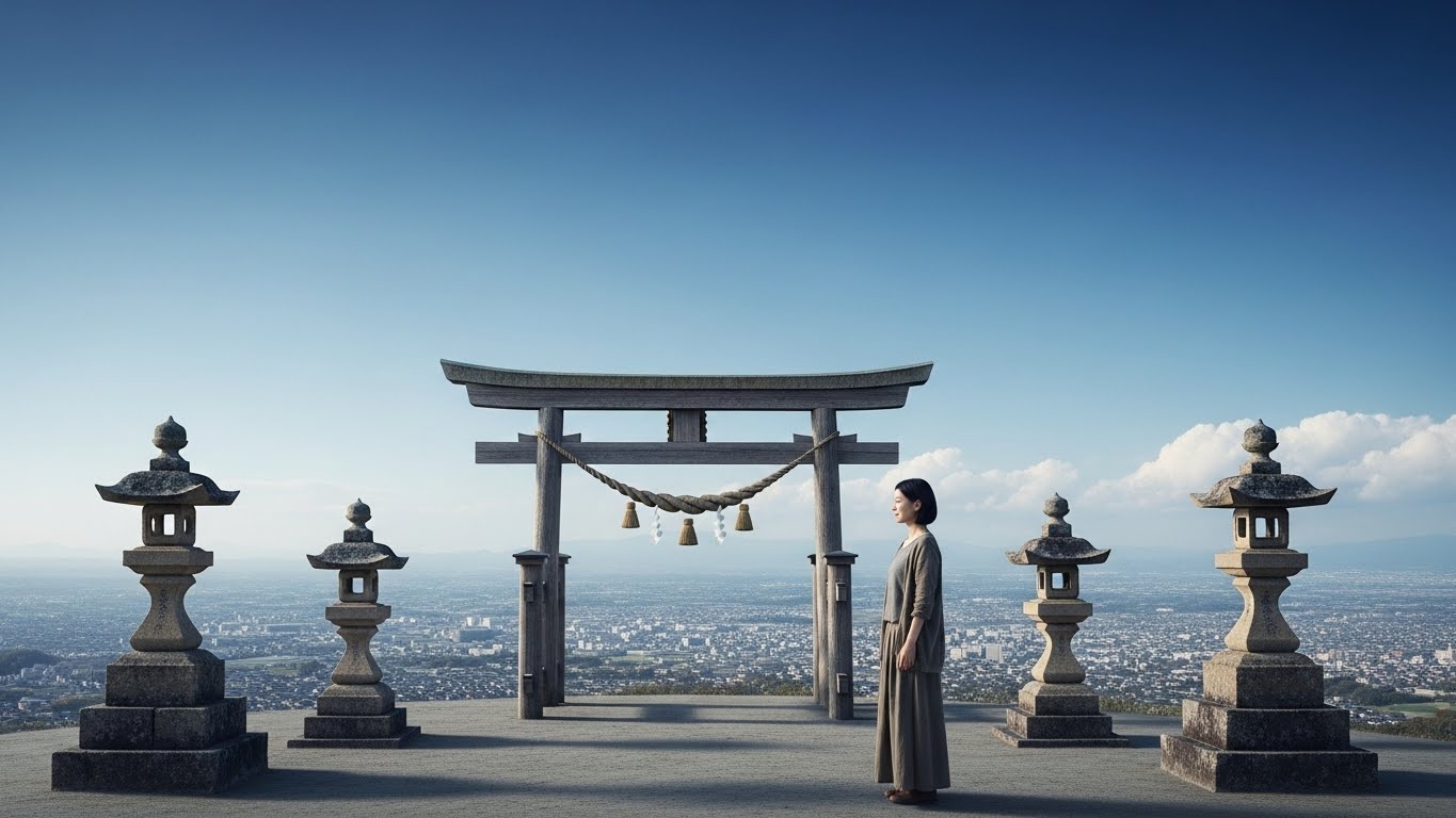 古代の神道建築がある静かで高い平原から、ミニチュアの散らかった街を見下ろしている30代後半の日本人女性。空は晴れ渡り、広大。視点と秩序を象徴している。穏やかで思慮深い雰囲気。リアルなスタイル。