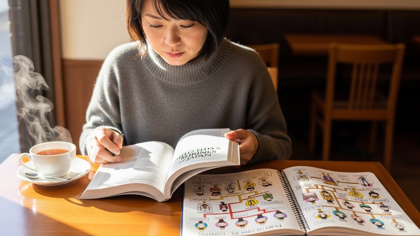 カフェの木製テーブルで勉強している30代後半の日本人女性。神社の参考書と、カラフルな神々の系図が書かれたノートを広げている。隣には温かいお茶。午後の柔らかな日差し。穏やかで集中した雰囲気。リアルなスタイル