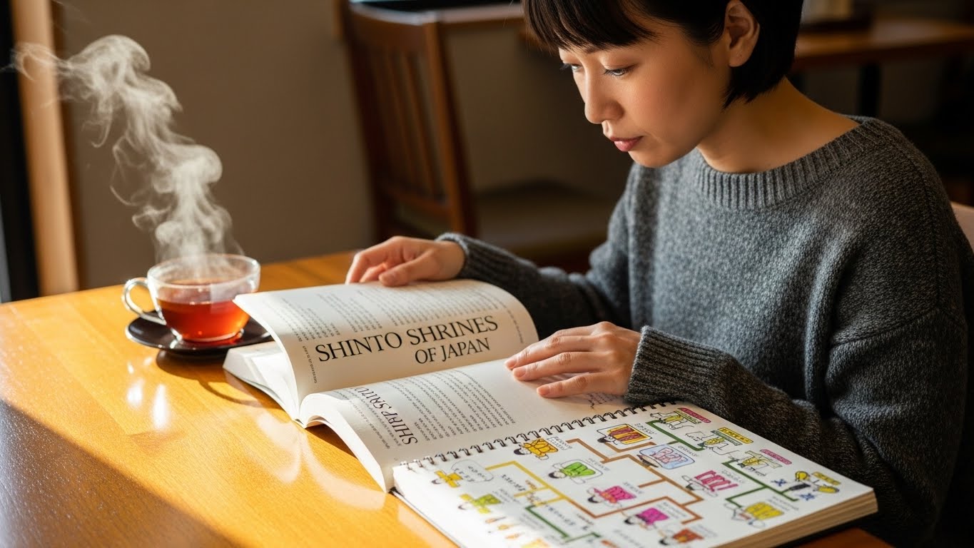 神社検定の勉強を楽しむ女性
