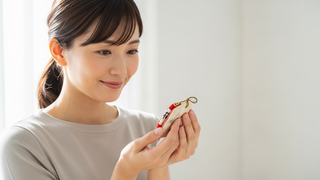 1年以上経過した古いお守りを手のひらに乗せ、感謝の眼差しで見つめる日本人女性