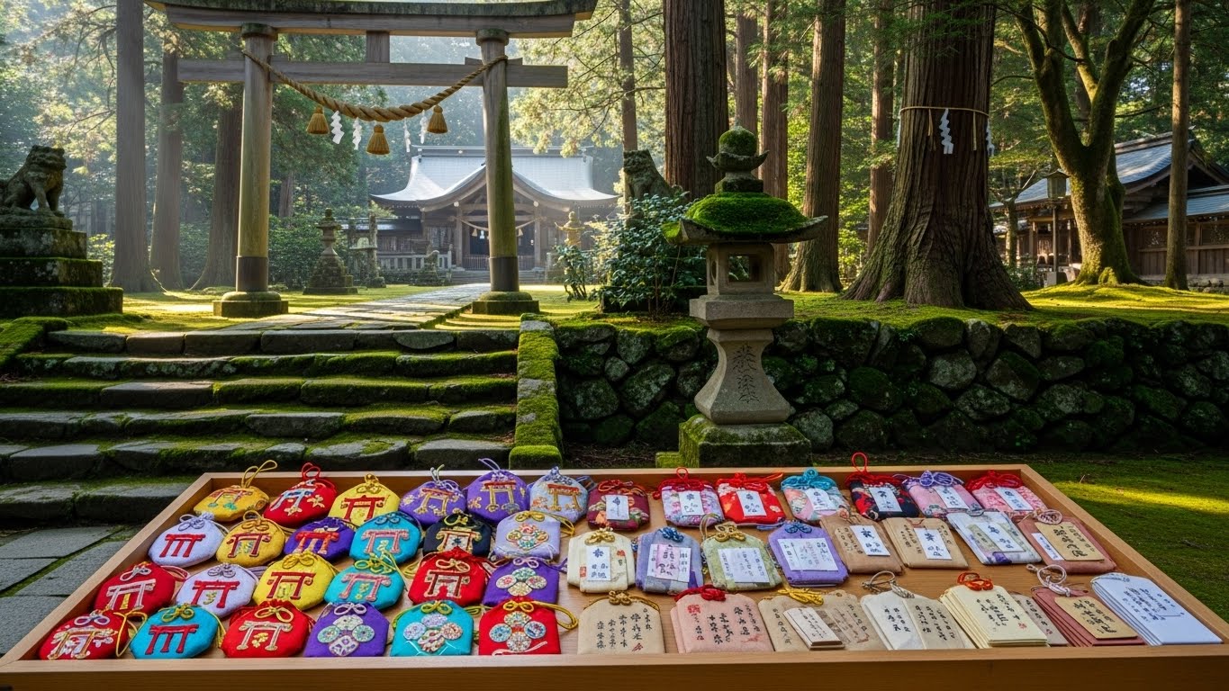 神社の境内で新しい気持ちでお守りを受けている様子。清々しい空気感