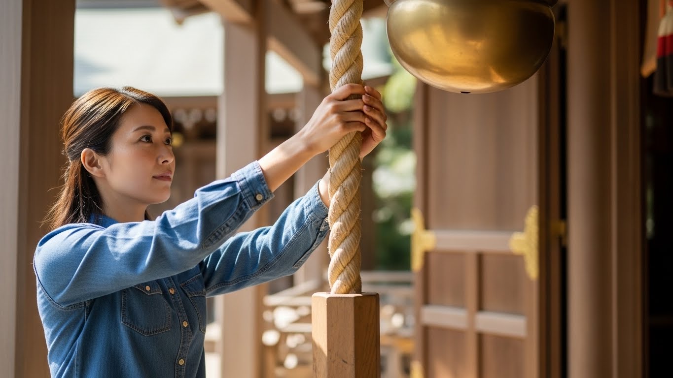 神社の拝殿で鈴を鳴らそうとしている日本人女性。静寂で神聖な雰囲気
