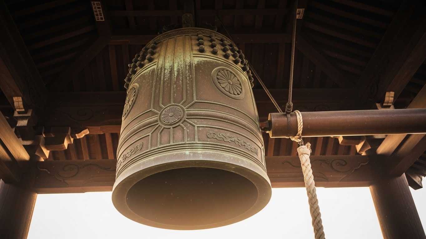 神社の大きな鈴を見上げる構図。金色の鈴が神聖に輝いている様子