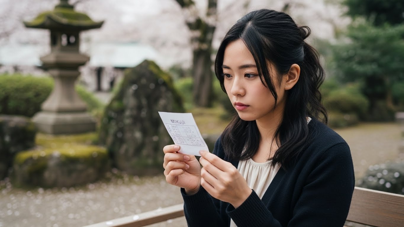 おみくじの『凶』の文字をじっくりと読み返し、生活を見直そうと決意する様子