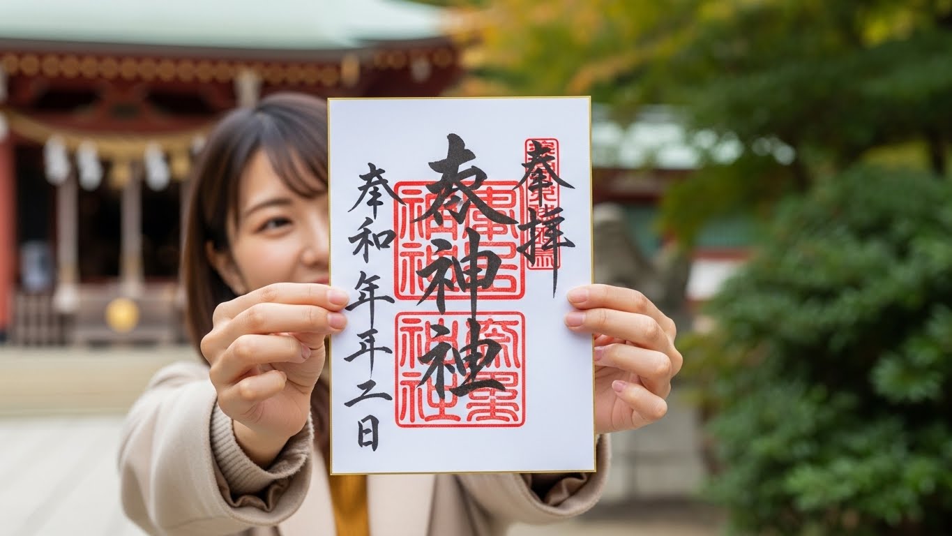 神社で授かった書き置きの御朱印を大切に持つ日本人女性