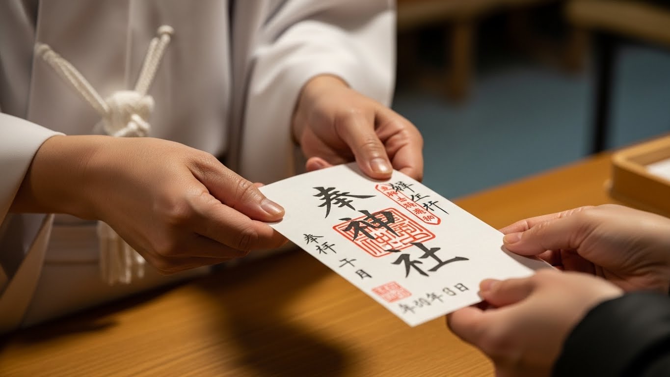 丁寧に書き置きの御朱印を授与している神職の方の手元