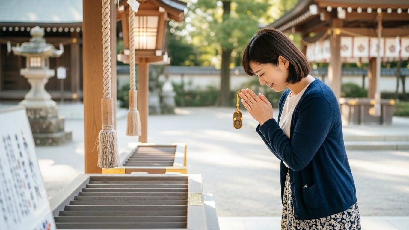 神社の古札納所で感謝を込めてお守りを返納しようとしている日本人女性