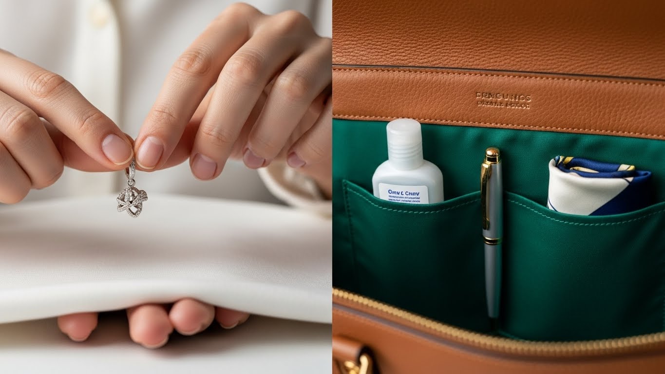 カバンの内ポケットに整理してお守りを入れている様子。清潔で整った空間