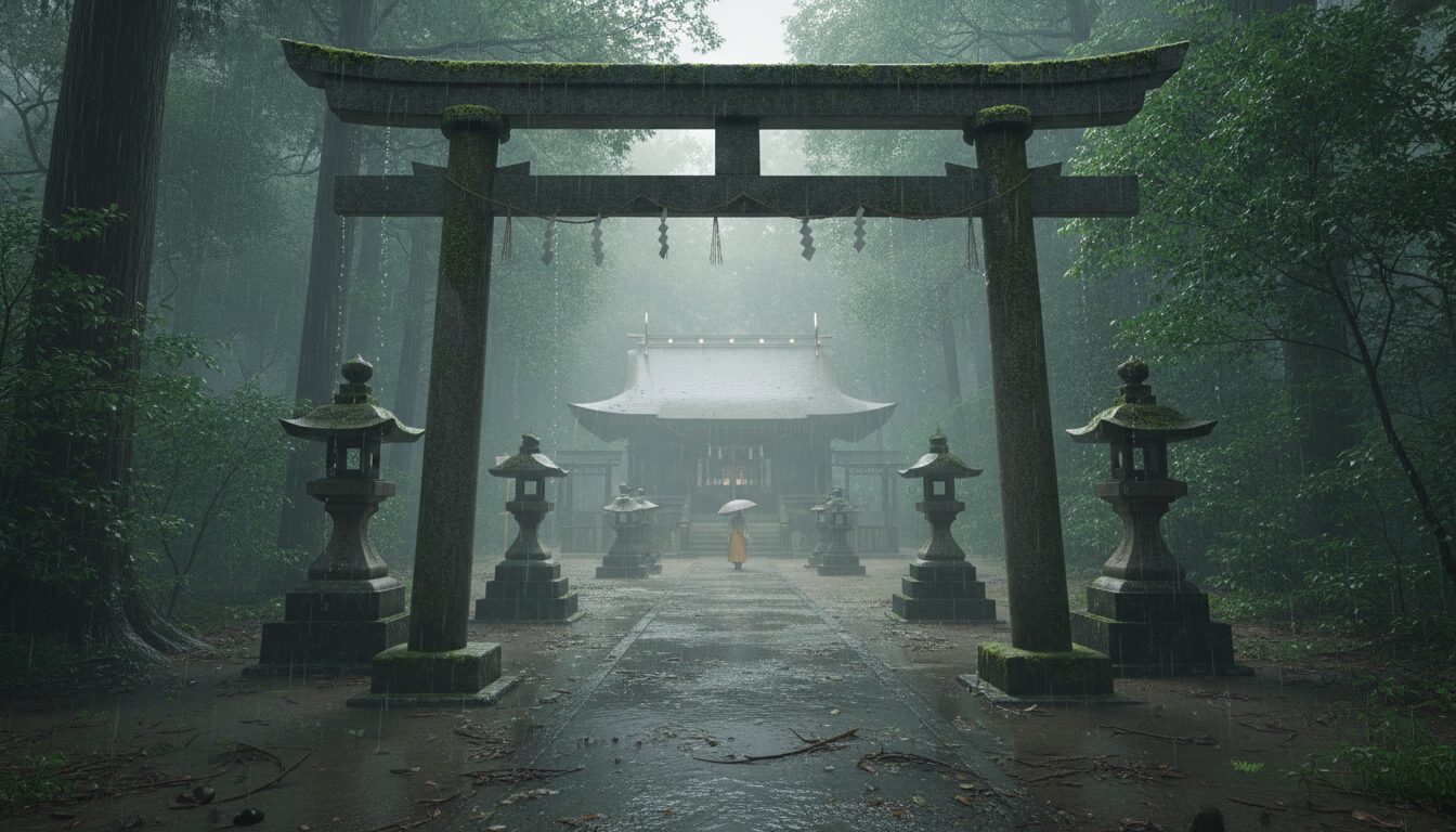 雨に濡れる神社の鳥居と深い森の神秘的な風景
