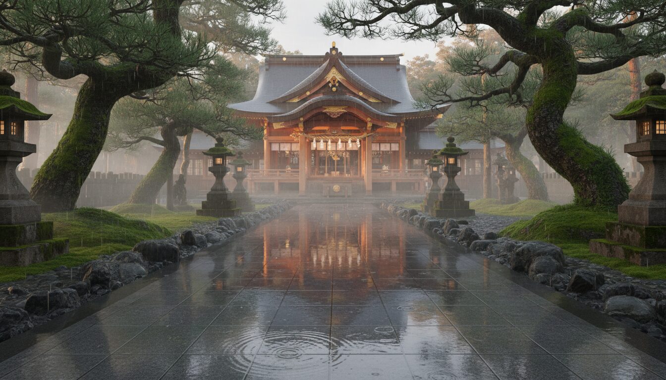 雨に濡れた石畳と霧に包まれた神秘的な神社の社殿