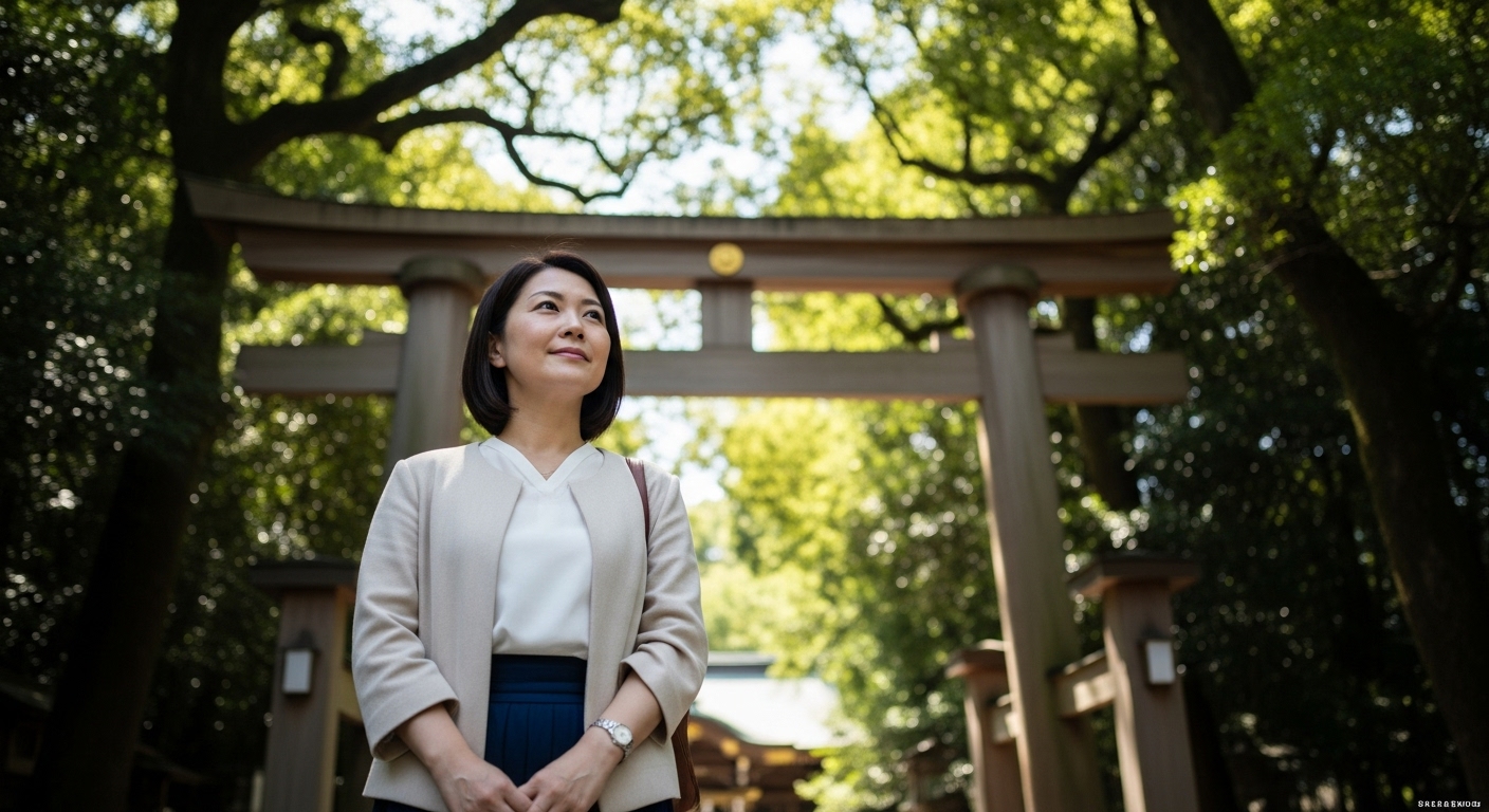 神社の鳥居の前で深呼吸をして心を整える30代女性