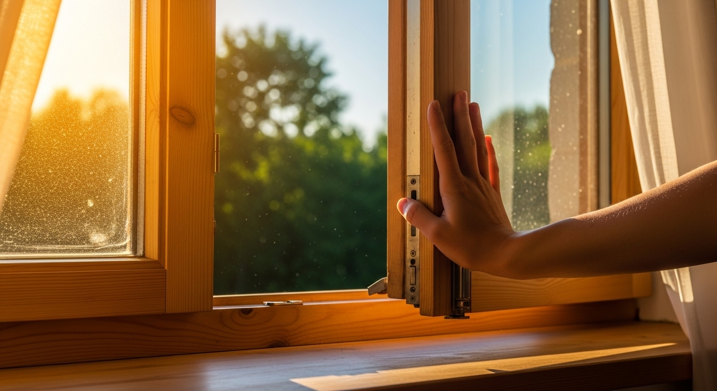 朝の光の中で窓を開けて換気をする30代女性