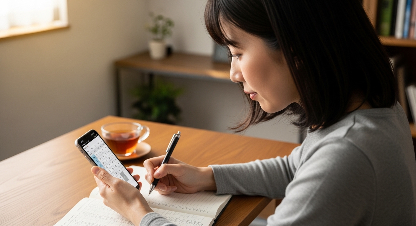 手帳に生年月日を書いて自分の属性を計算する様子