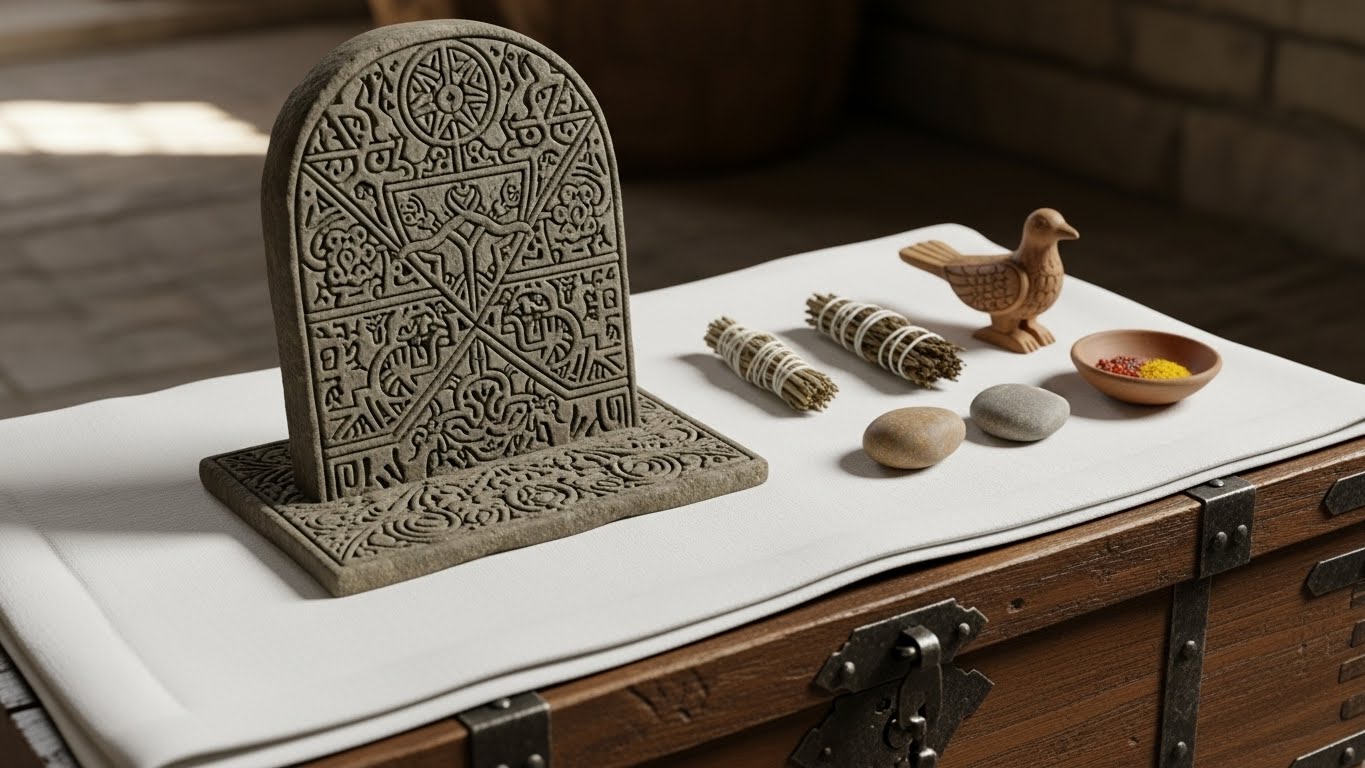 白い布を敷いたチェストの上にお神札と小さなお供え物が整然と並んでいる様子