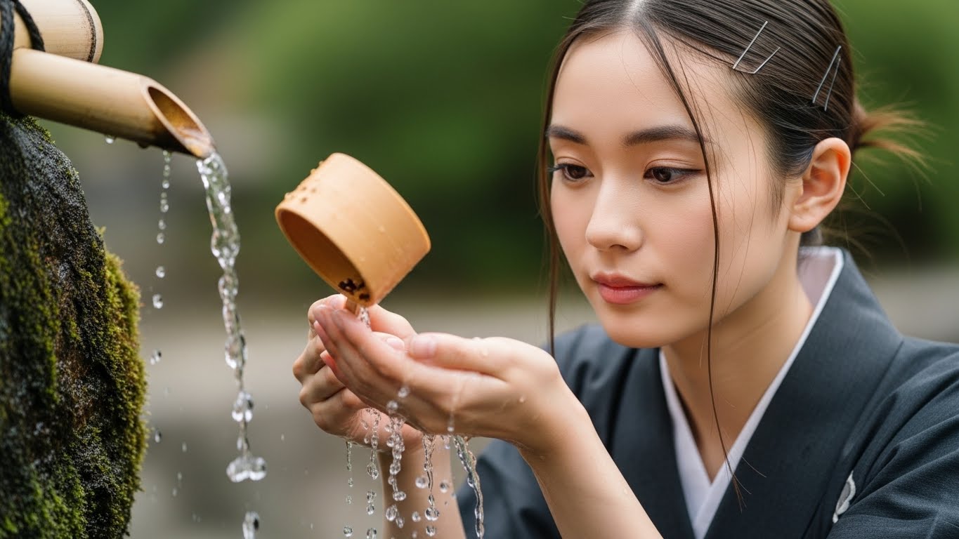 手水舎で柄杓を持ち、丁寧に手を洗っている女性の手元アップ