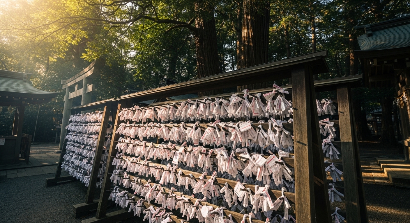 神社の境内に結ばれた無数のおみくじ