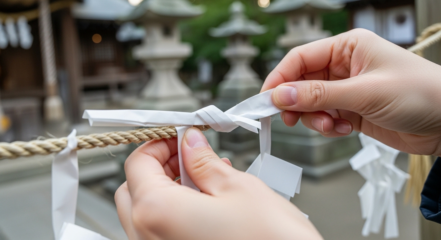 願いを込めておみくじを結ぶ様子