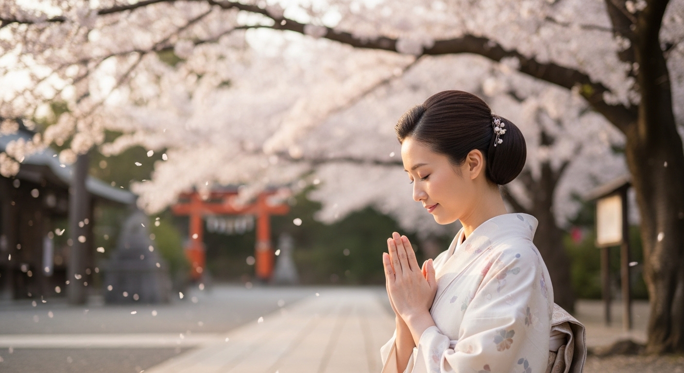 神社の境内や桜の木の下で、静かに手を合わせる日本人女性のイメージ