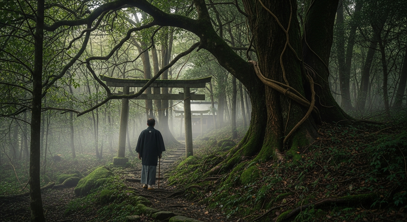 三種の神器が眠るとされる神社の静寂な森と参拝者