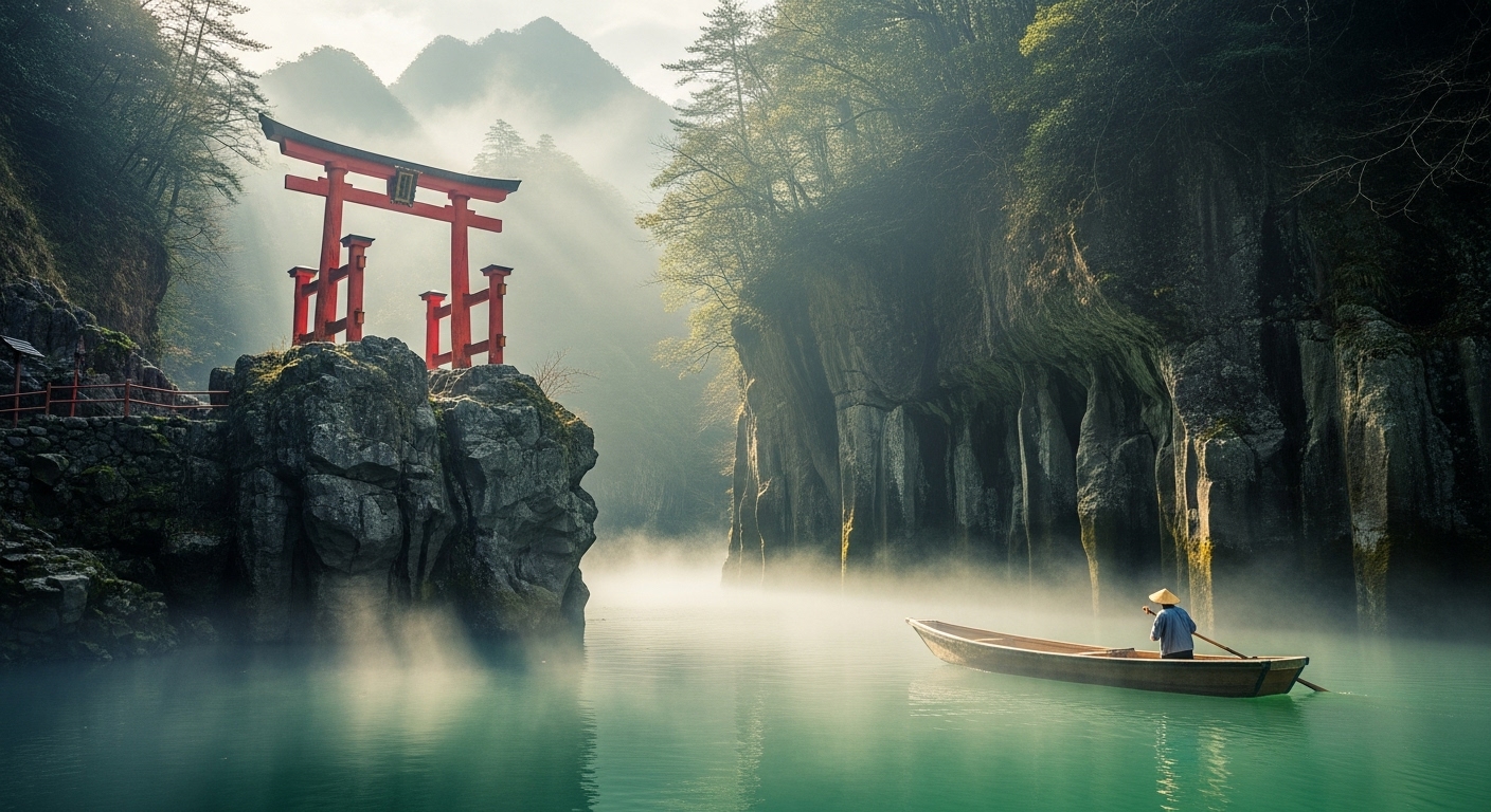 天孫降臨の伝説が息づく高千穂・霧島の山並みと鳥居