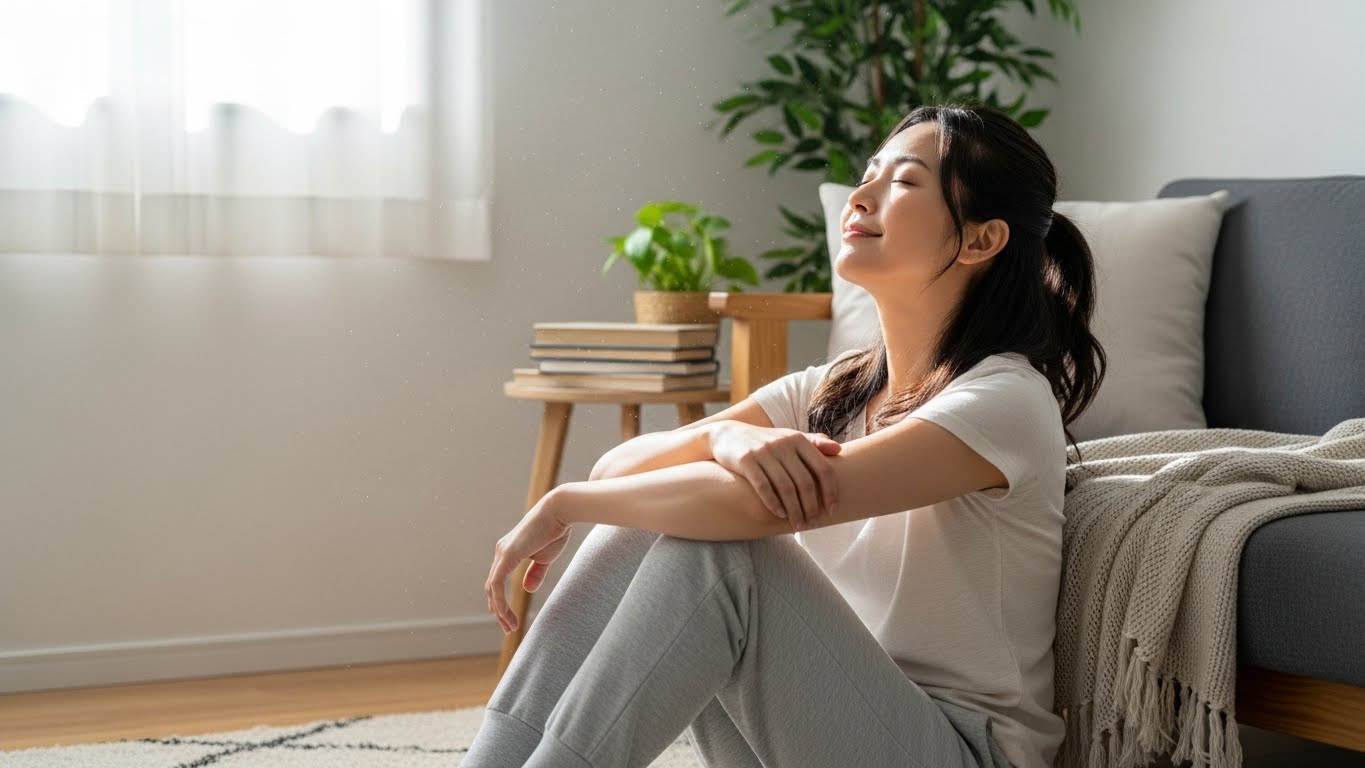 掃除をして部屋がきれいになった後、清々しい表情でくつろぐ30代女性の様子