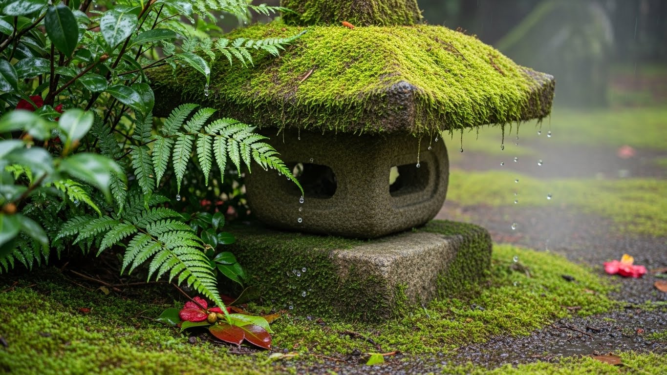 雨の日の神社の美しい風景