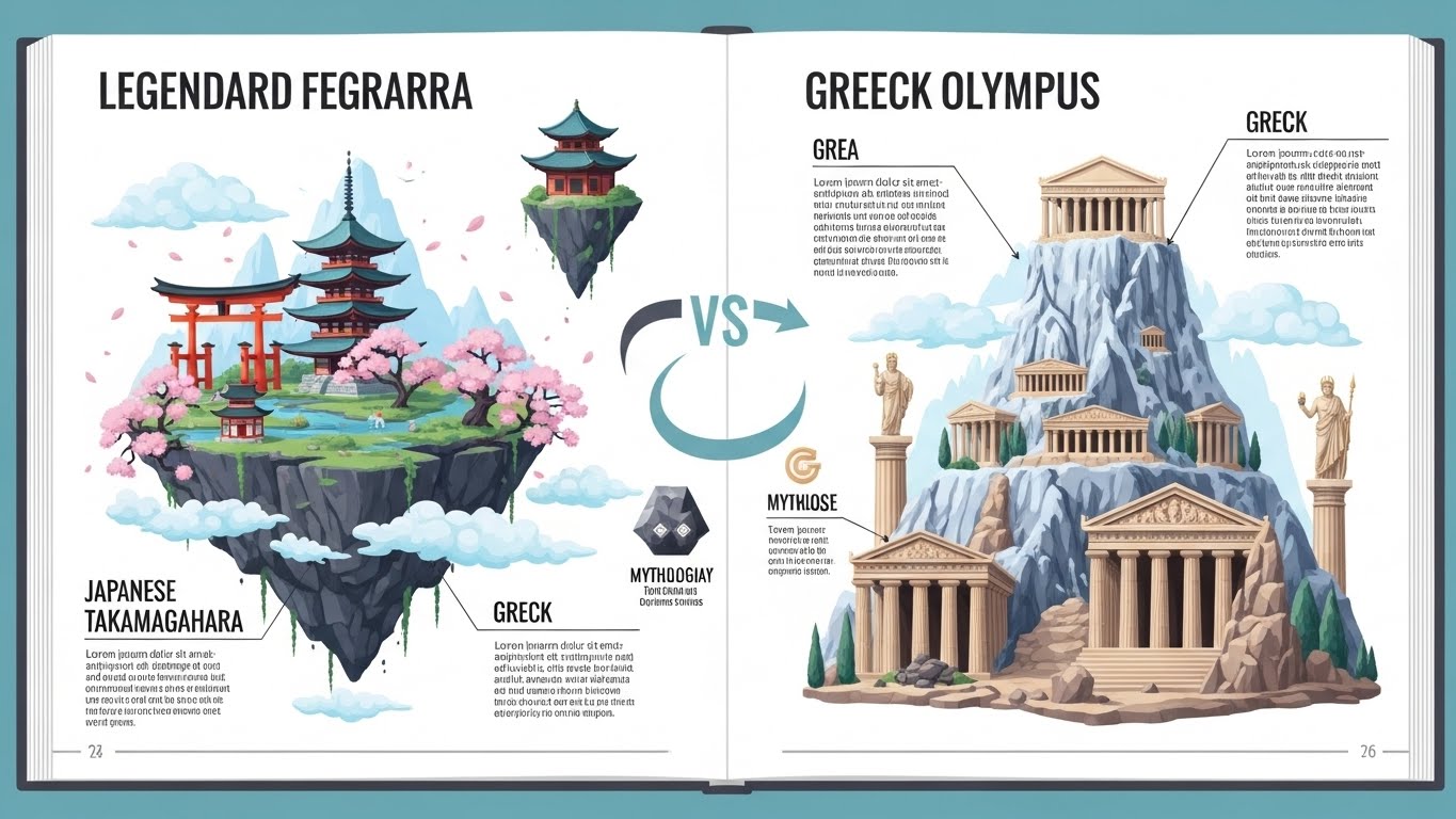 高天原とオリンポス山のイメージ比較イラスト