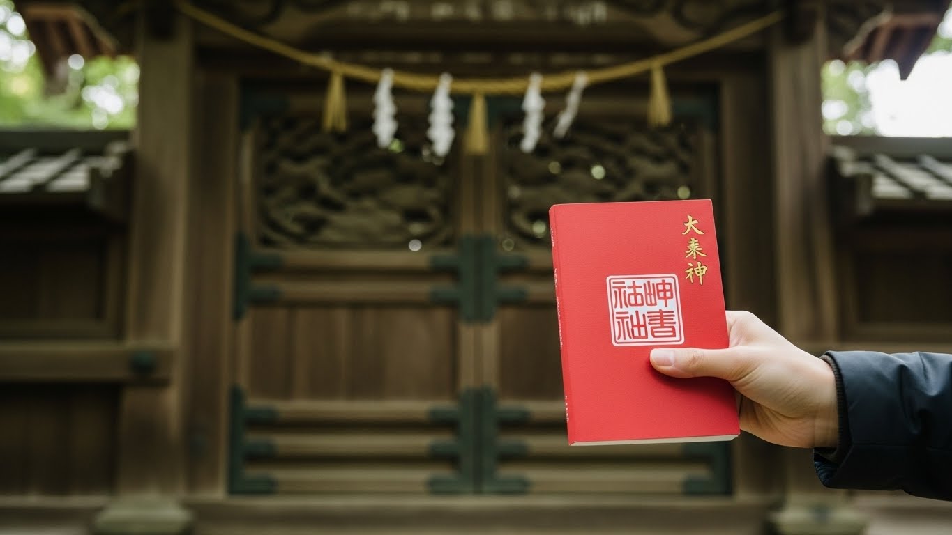  神社で御朱印帳を持つ手と鳥居