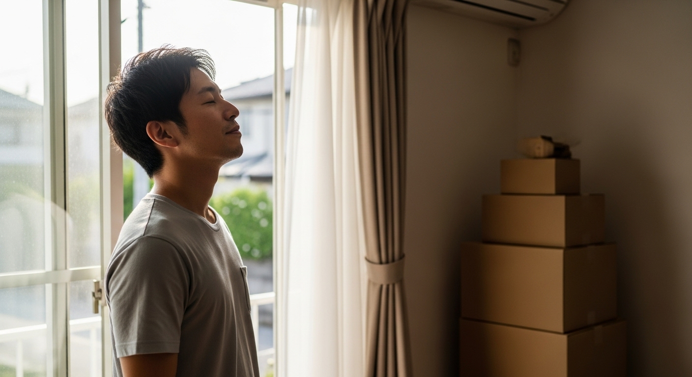引っ越し後の片付いた部屋で、窓を開けて深呼吸をする30代日本人男性。表情は穏やか。自然光。